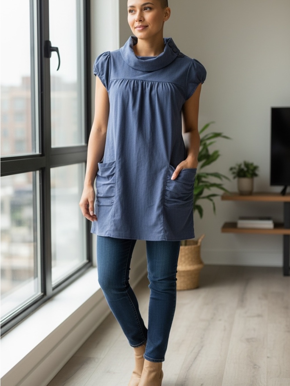 #25 Twik Navy Cap Sleeve Cowl Neck Tunic with Front Pockets size medium